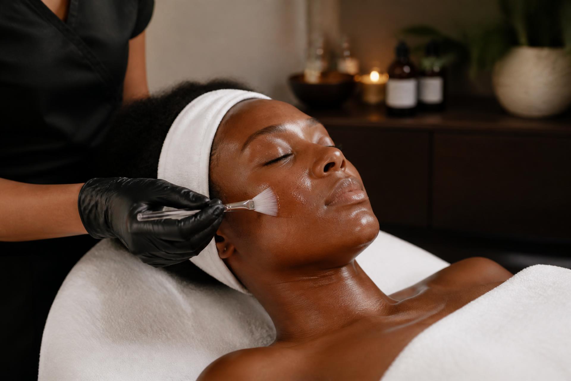 Dark-skin Black woman receiving a luxury facial treatment